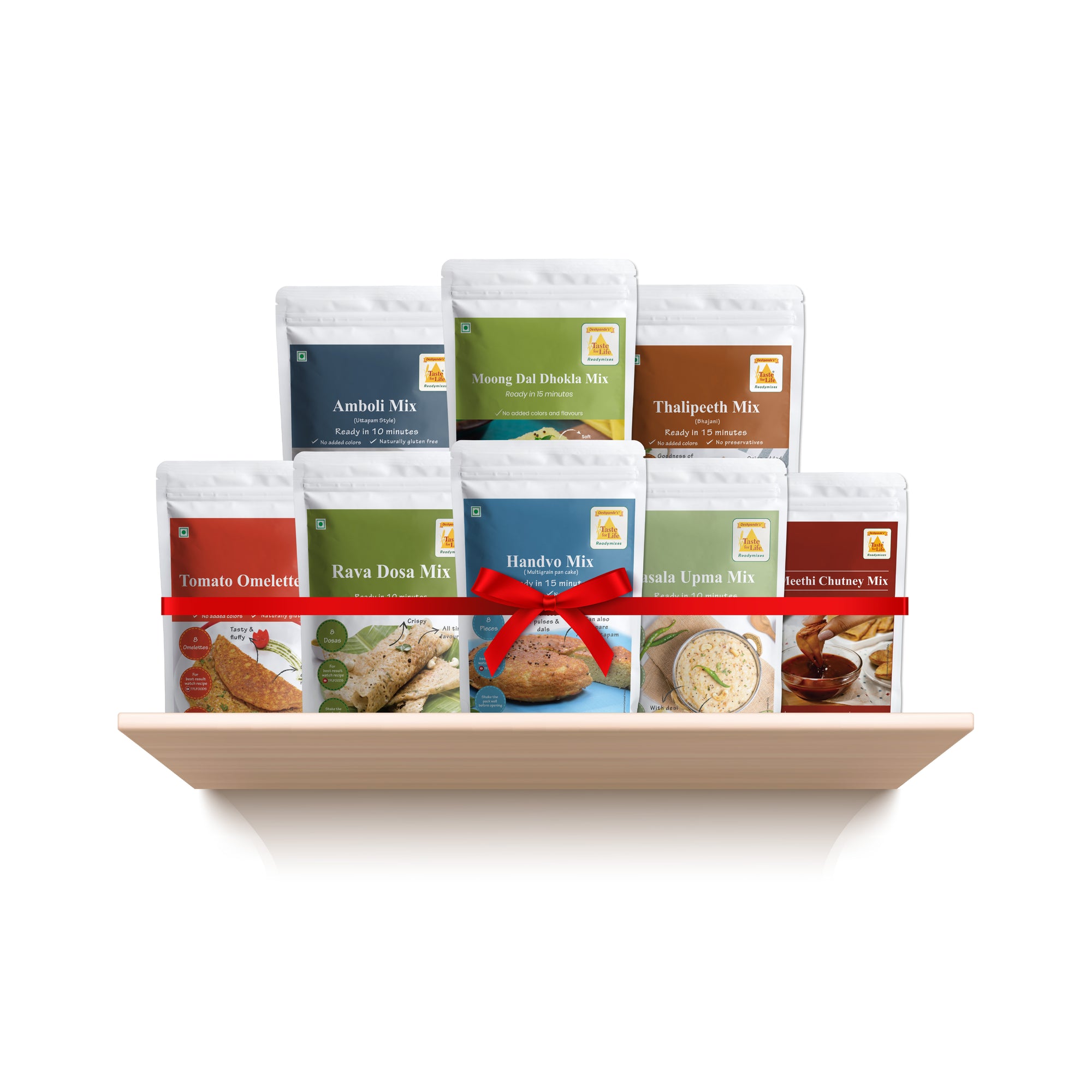 7-Day Breakfast Combo : Moong Dal Dhokla Mix, Amboli Mix, Masala Upma Mix, Tomato Omelette Mix , Handvo Mix , Thalipeeth Mix, Rava Dosa Mix , Khatti Meethi Chutney Mix.