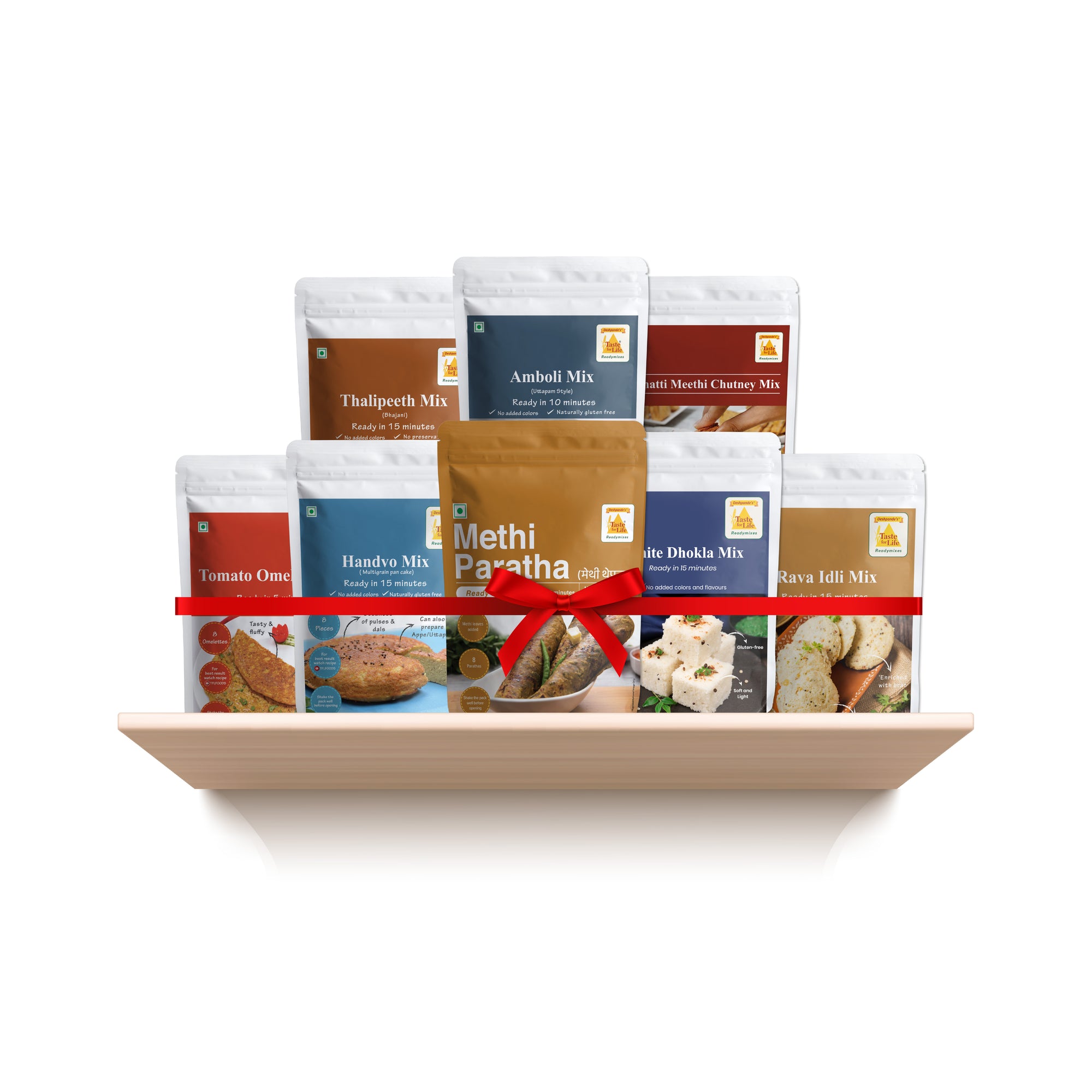 Tasty Tiffin Combo - Methi Paratha Mix, White Dhokla Mix, Amboli Mix, Handvo Mix, Thalipeeth Mix, Tomato Omelette Mix, Rava Idli Mix, Khatti Meethi Chutney Mix