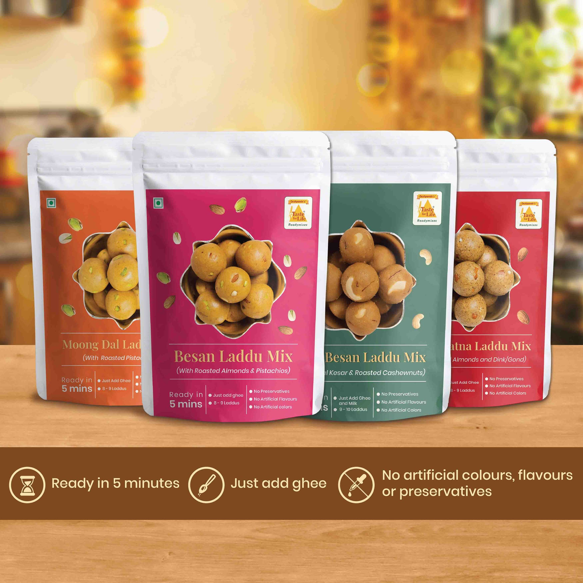 Mithaas Special Combo: Besan, Moong dal, Rava Besan, Pancharatna Laddu Mix
