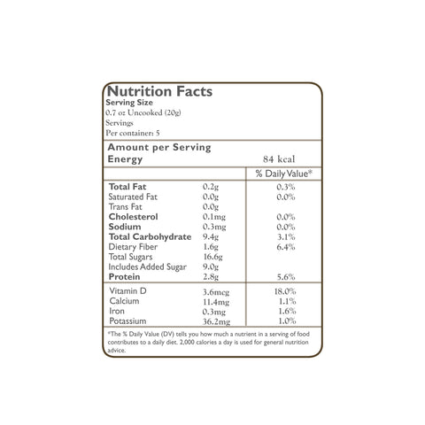 Nutrition Facts of Ragi Sattu Drink  showing various nutrients like total fat, sugars, and vitamins for a serving size.