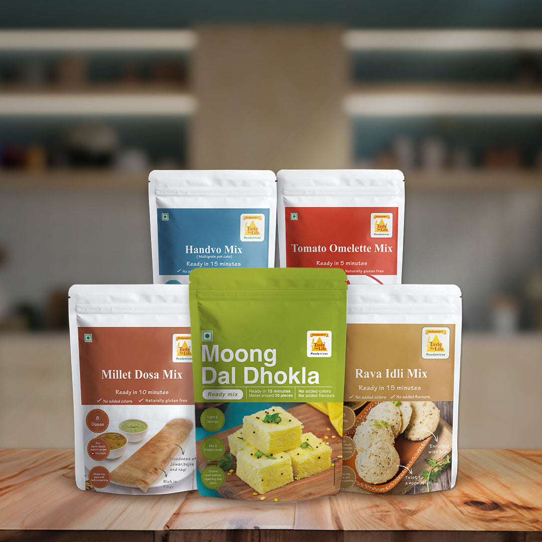 Protein-Packed Combo: Moong Dal Dhokla, Tomato Omelette, Millet Dosa, Rava Idli, Handvo Mix