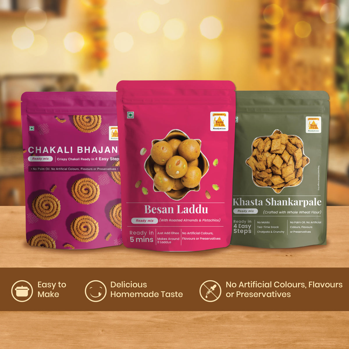 Diwali Snack Combo - Khasta Shankarpale, Chakali Bhajani & Besan Laddu Mix